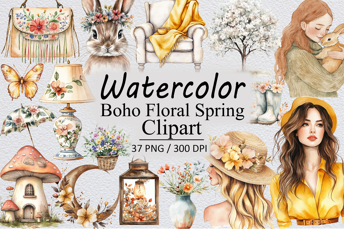 Boho Floral Spring Clipart, an Illustration by Design Market (Photo 1 of 3)