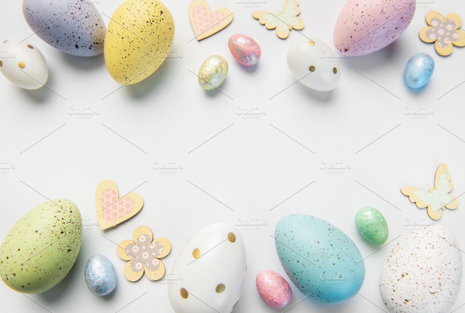 Pastel easter eggs and spring decorations border, a Holiday Photo by Olena Rudo