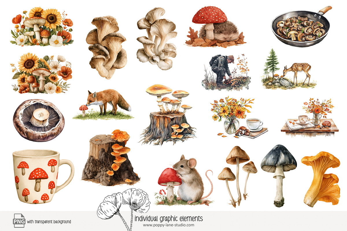 100 autumn mushroom clip art, a Seasonal Illustration by Poppy Lane Studio (Photo 3 of 11)