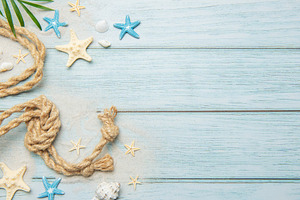 Summer concept with palm leaf, rope, seashells and starfishes on, a Holiday Photo by Olena Rudo