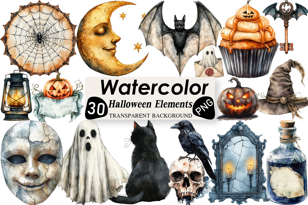 Vintage Halloween Elements Clipart, an Illustration by Black Bird Studio (Photo 1 of 6)