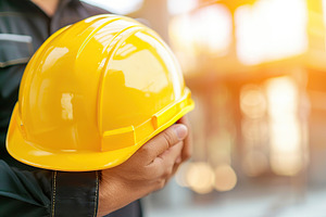 Yellow safety helmet in worker hands on blurred background, an Industrial Photo by AlyaAnd