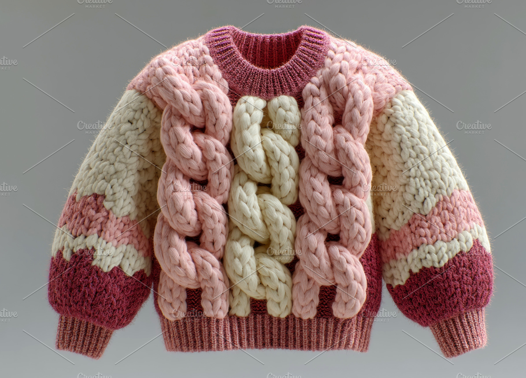 Chunky braided knit sweater in cream, pink, and burgundy yarns w, a Photo by José Manuel Gelpi