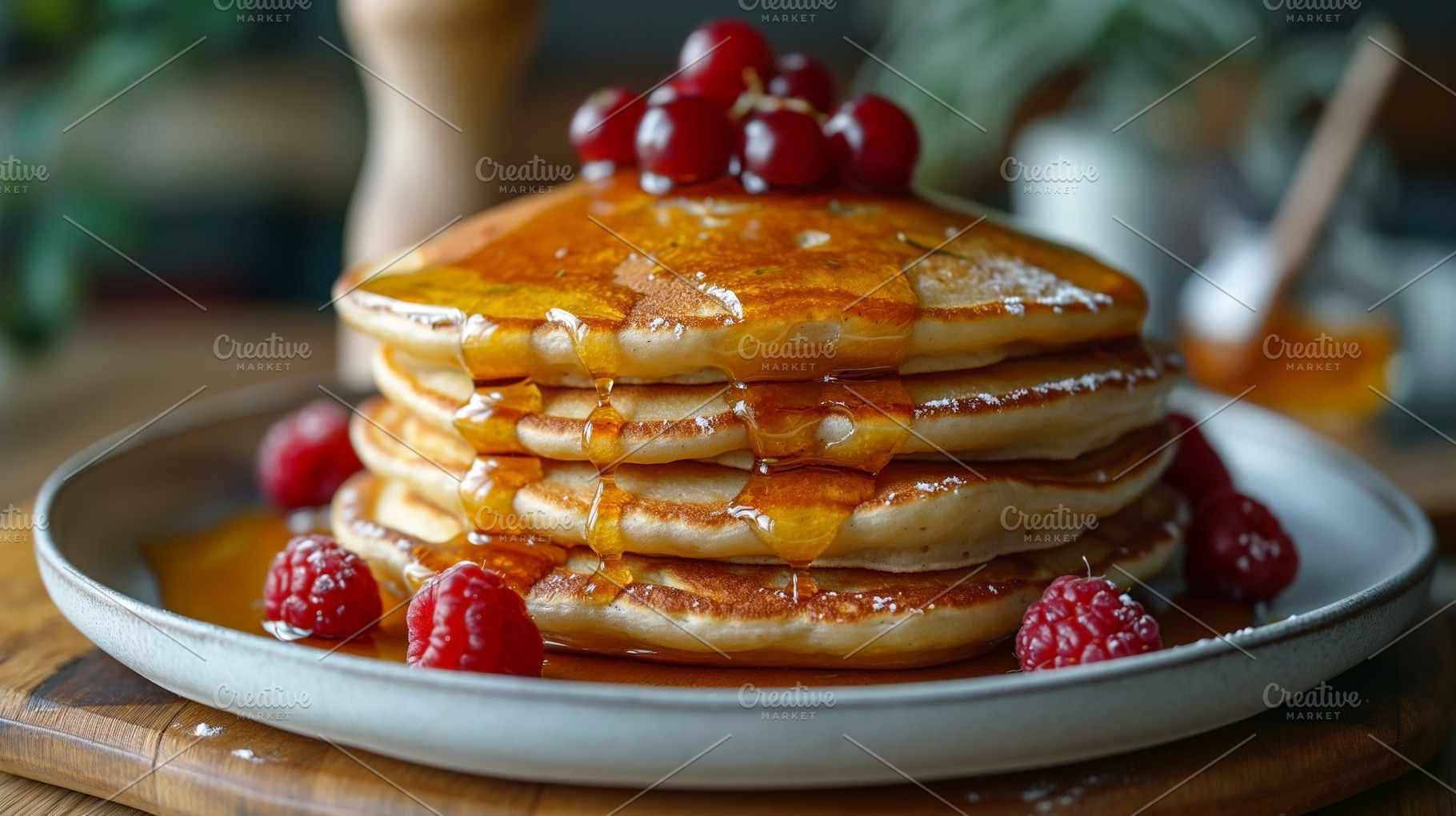 Delicious stack of fluffy pancakes drizzled with syrup, topped w, a Food & Drink Photo by ImageMir