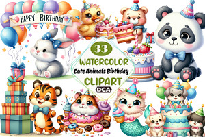 Cute Animals Birthday Clipart, an Illustration by DreamCafeArt