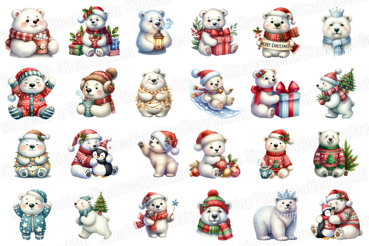Christmas Polar Bear Clipart Bundle, an Illustration by SinaCreation (Photo 2 of 7)