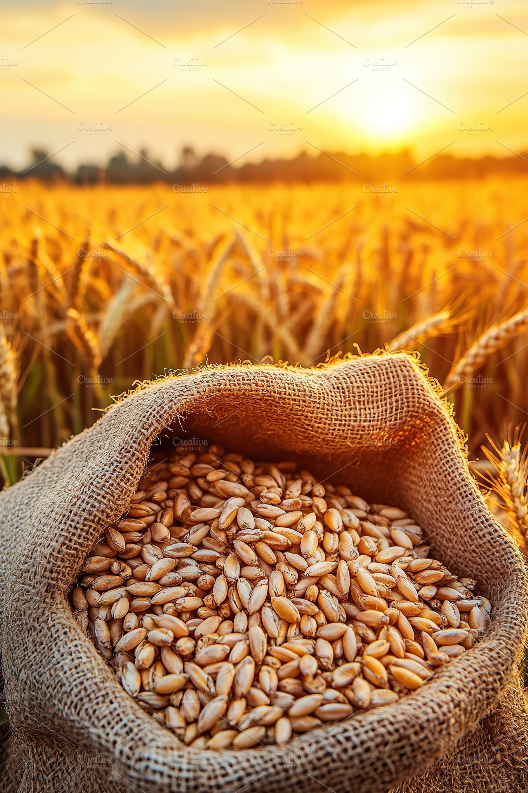 Harvesting wheat grains during sunset in a vibrant golden field, a Nature Photo by AlyaAnd