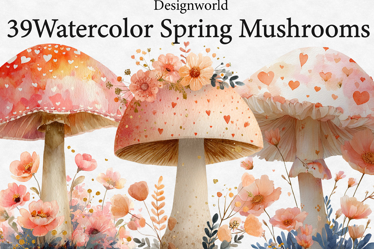Watercolor Spring Mushrooms Clipart, an Illustration by Designworld (Photo 1 of 6)