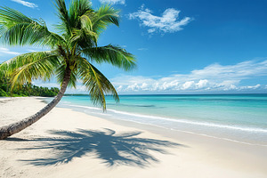 Tropical beach with palm tree and clear turquoise water on a sunny day, a Nature Photo by AlyaAnd
