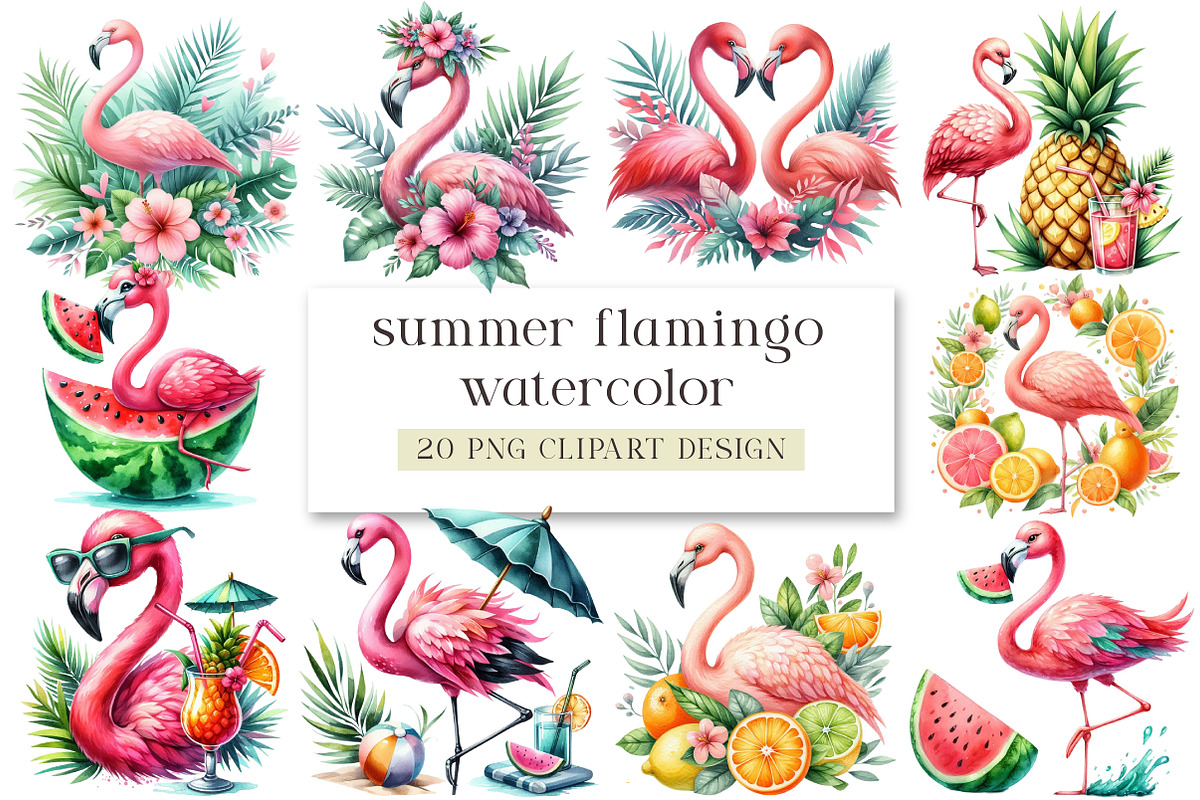 summer flamingo clipart, a Seasonal Illustration by DreamArtGraphic (Photo 1 of 4)