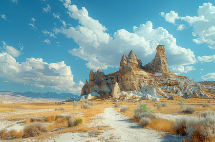 Majestic Sandstone Formations Under a Blue Sky with Fluffy Clouds, a Photo by AS photostudio
