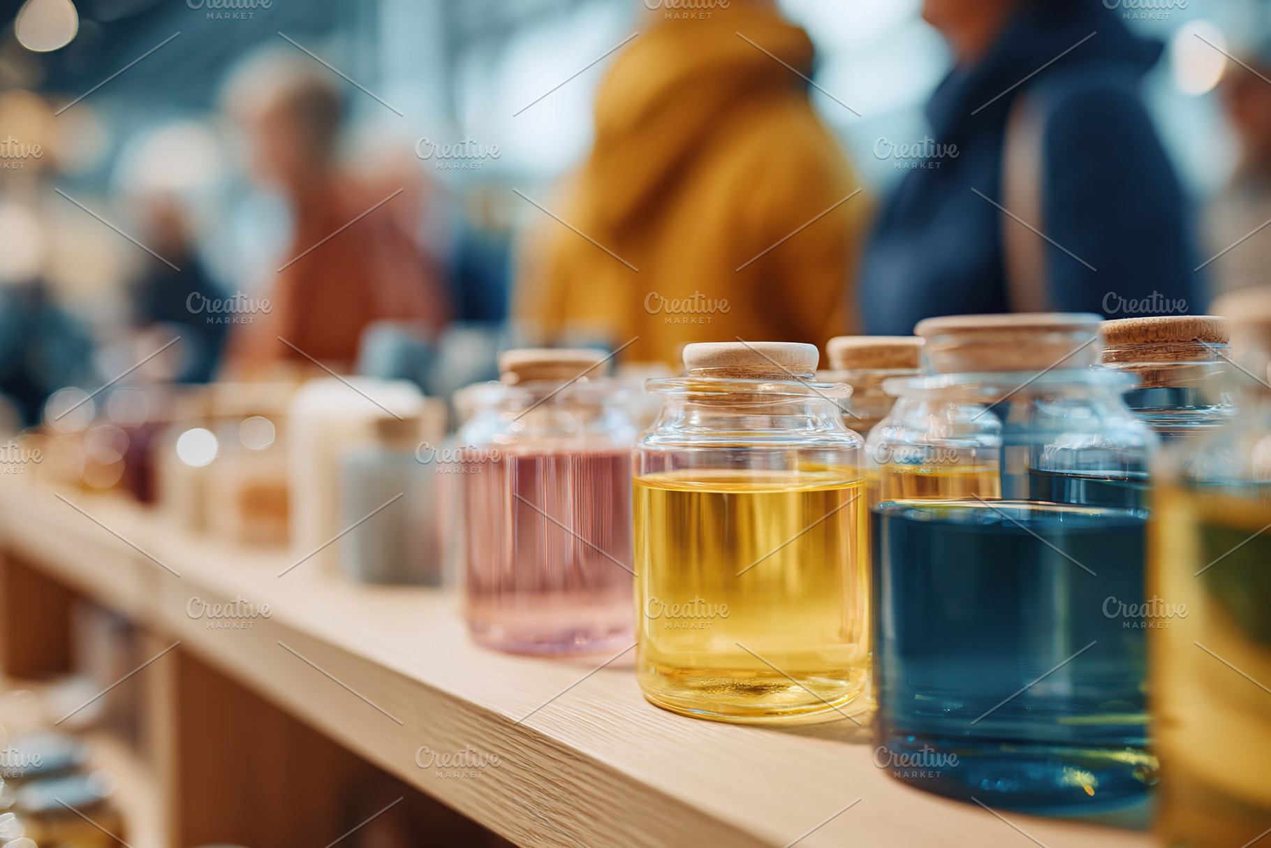 Colorful bottles of natural oils displayed at a market during a sunny afternoon, a Photo by AlyaAnd