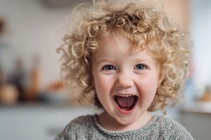 Child with curly hair smiles widely, a Photo by Beautiful things