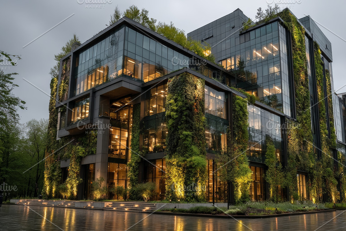 Eco friendly glass office building with green walls at dusk, modern urban archi, an Illustration by AS photostudio