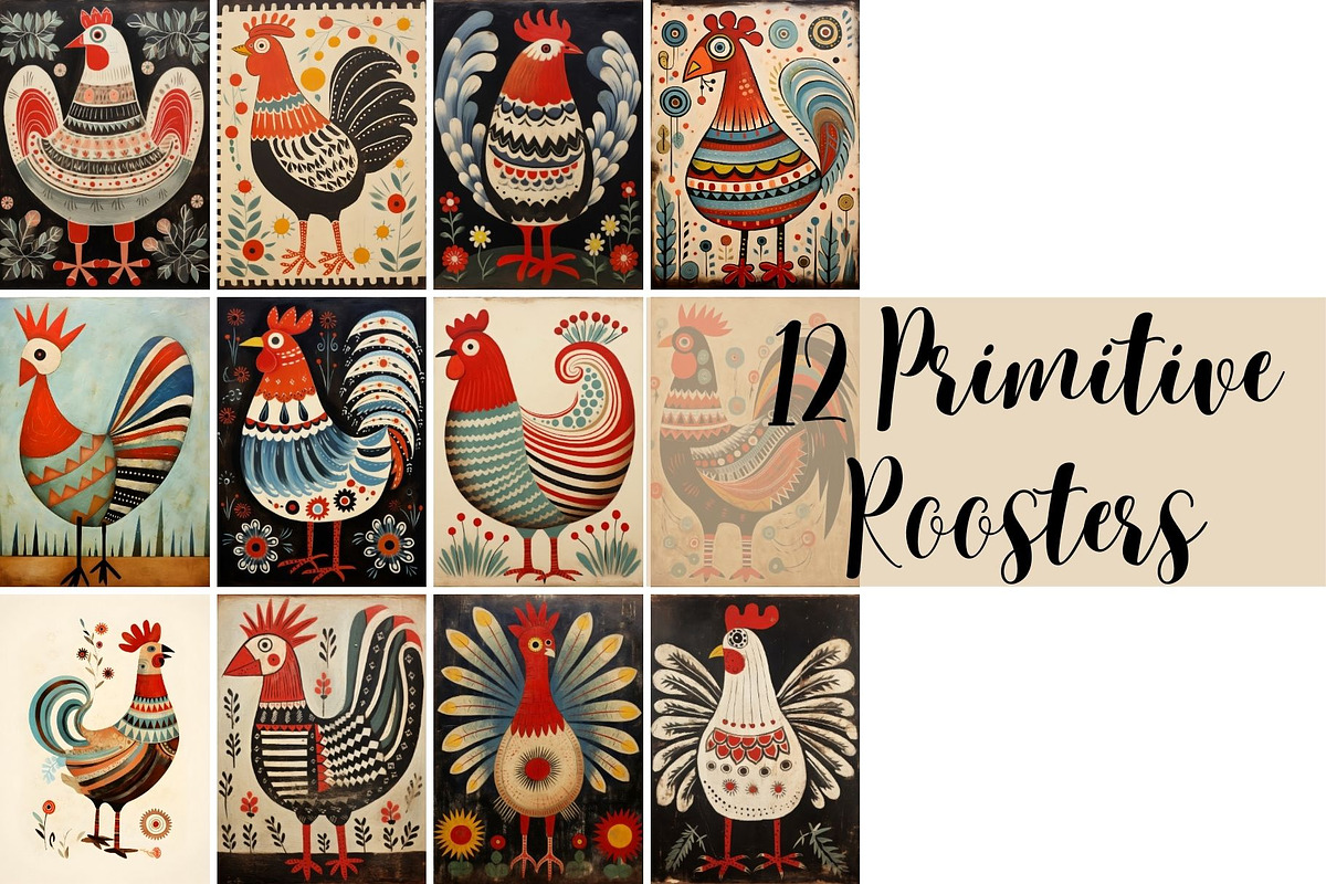 Folk Art Rooster Illustration Set, an Animal Illustration by Mashimara
