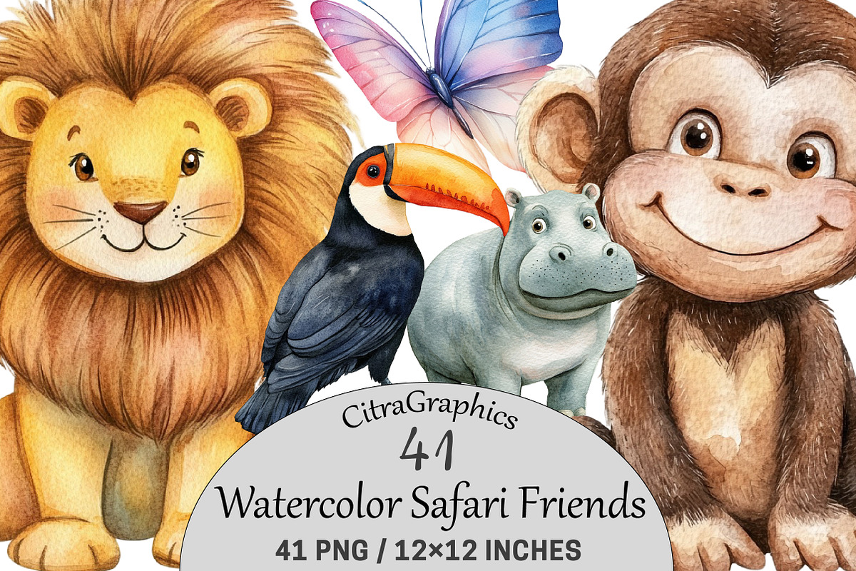 Watercolor Safari Friends Clipart, a Seasonal Illustration by CitraGraphics (Photo 1 of 7)