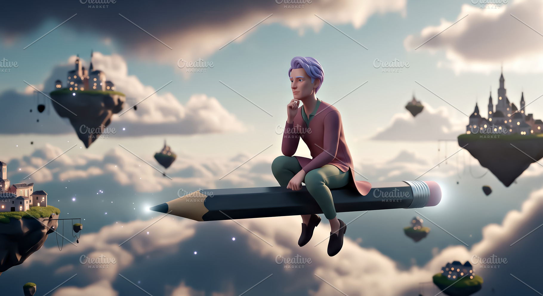 Character flying on a giant pencil, an Arts & Entertainment Photo by angellodeco