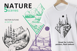 Nature scenes. Vector outline