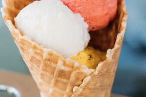 Cold dessert fruit scoop gelato waffle ice cream, a Food & Drink Photo by Photo Drive Studio