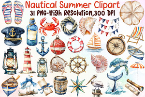 Watercolor Nautical Summer Clipart, an Illustration by Sublimation Artist