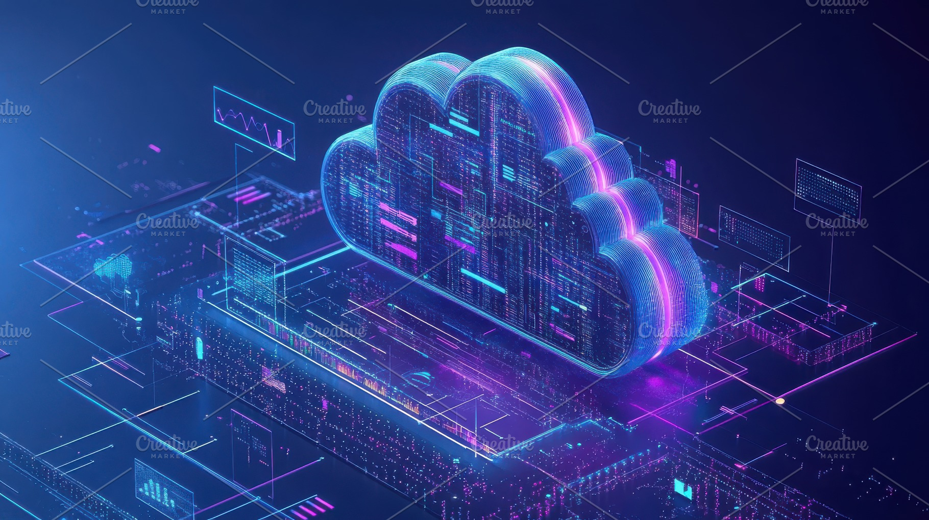 Digital cloud data network with glow, a Background Photo by Pixeness Studio