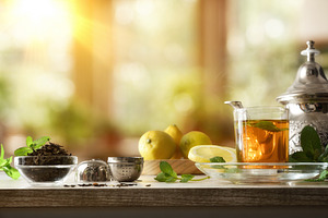 Green tea on kitchen bench with windows in the background, a Food & Drink Photo by Davizro's Market