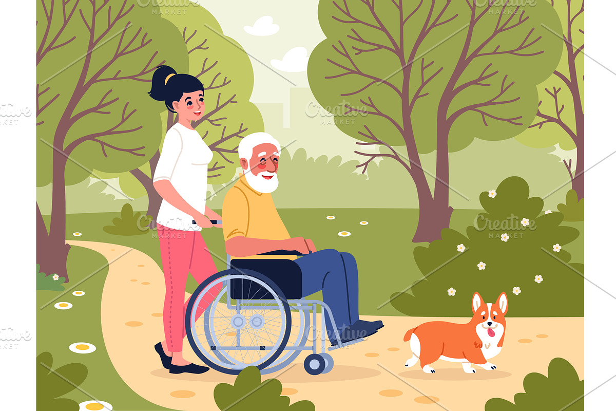 Elderly man in city park. Nurse with, a Person Illustration by YummyBuum