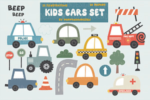 Kids Cars clipart & paper set, an Illustration by Poppymoondesign