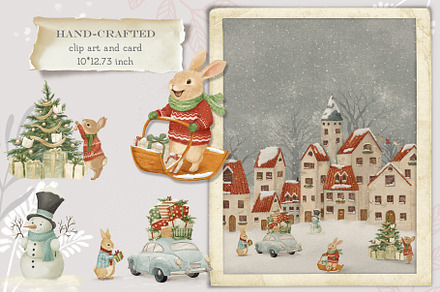Rabbits Winter Village clipart&card