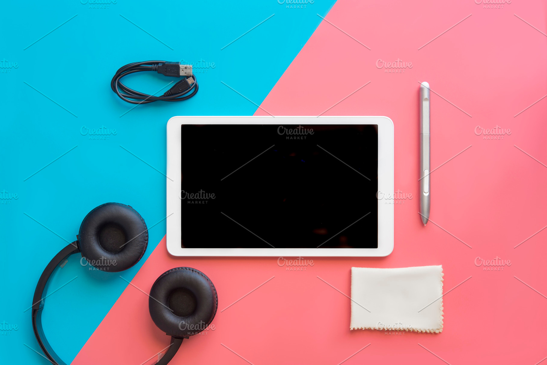 Tablet with headphones  concept mode stock photo containing above and audio, a Technology Photo by DalaiFood