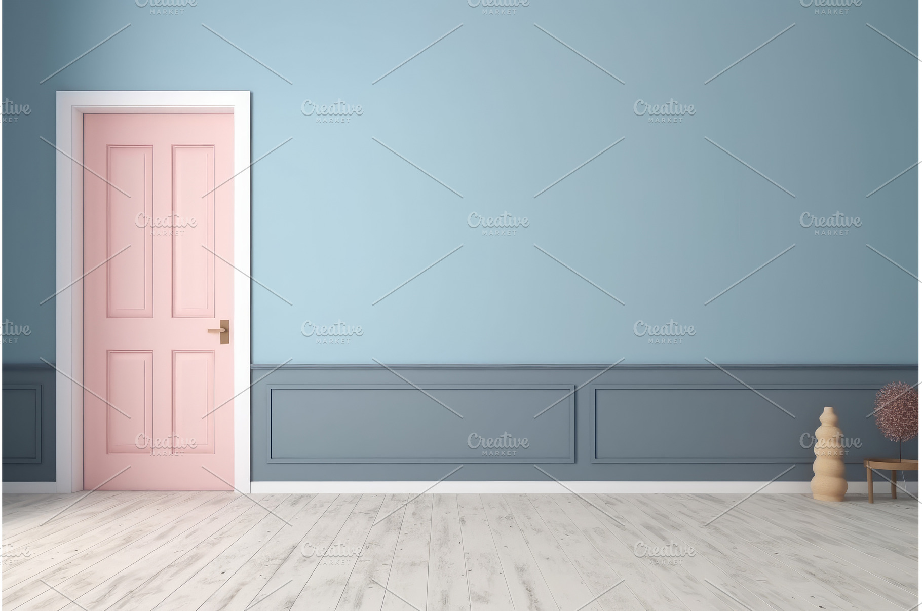 Pink door blue wall view room, an Architecture Photo by Ylivdesign