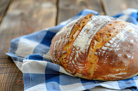 Freshly baked bread with blue napkin on wooden table, a Food & Drink Photo by AlyaAnd
