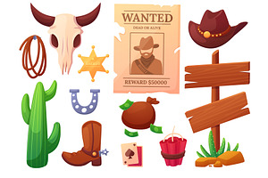 Wild West Cartoon Elements Set. Gold