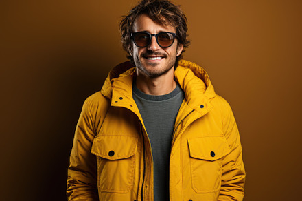 A male model in a vibrant yellow studio backdrop. Generative AI, a Person Photo by designvectx