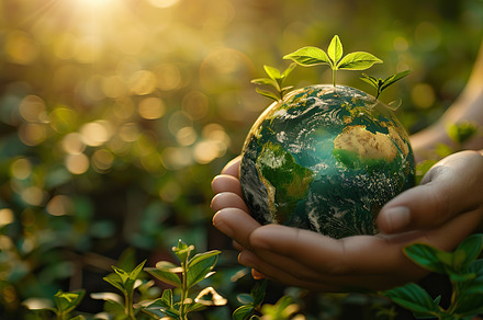 Human hand cradling a small globe ag, a Photo by LOGOCREATIVE