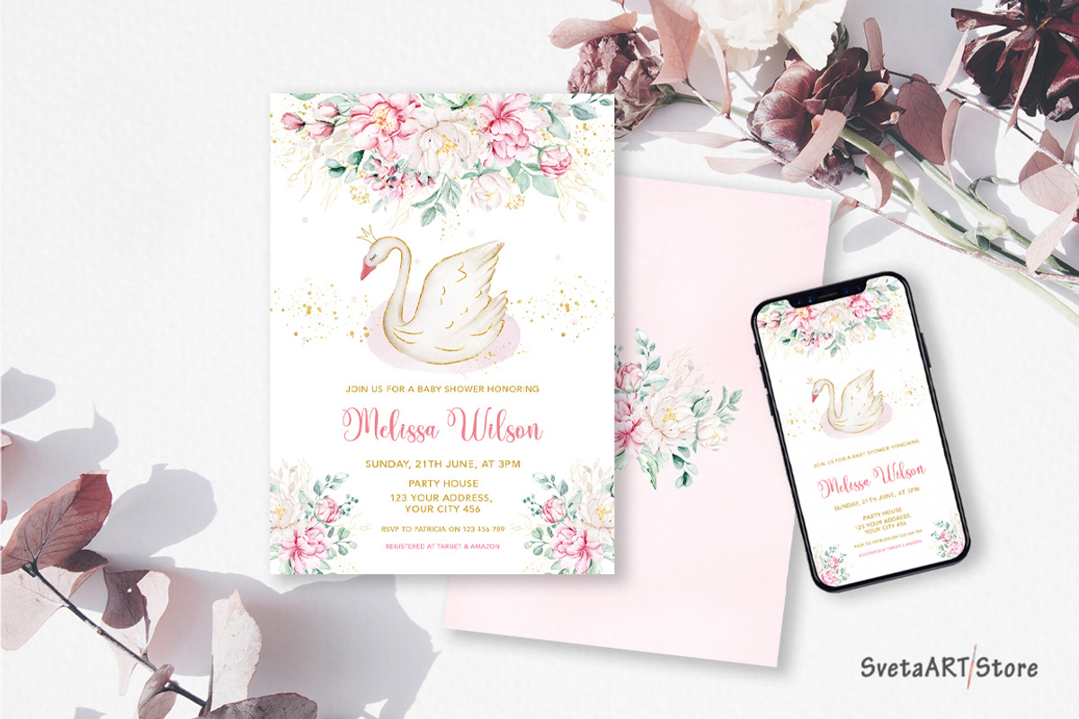 Princess Swan Baby Shower Invite, an Invitation Template by SvetaArtStore (Photo 1 of 9)