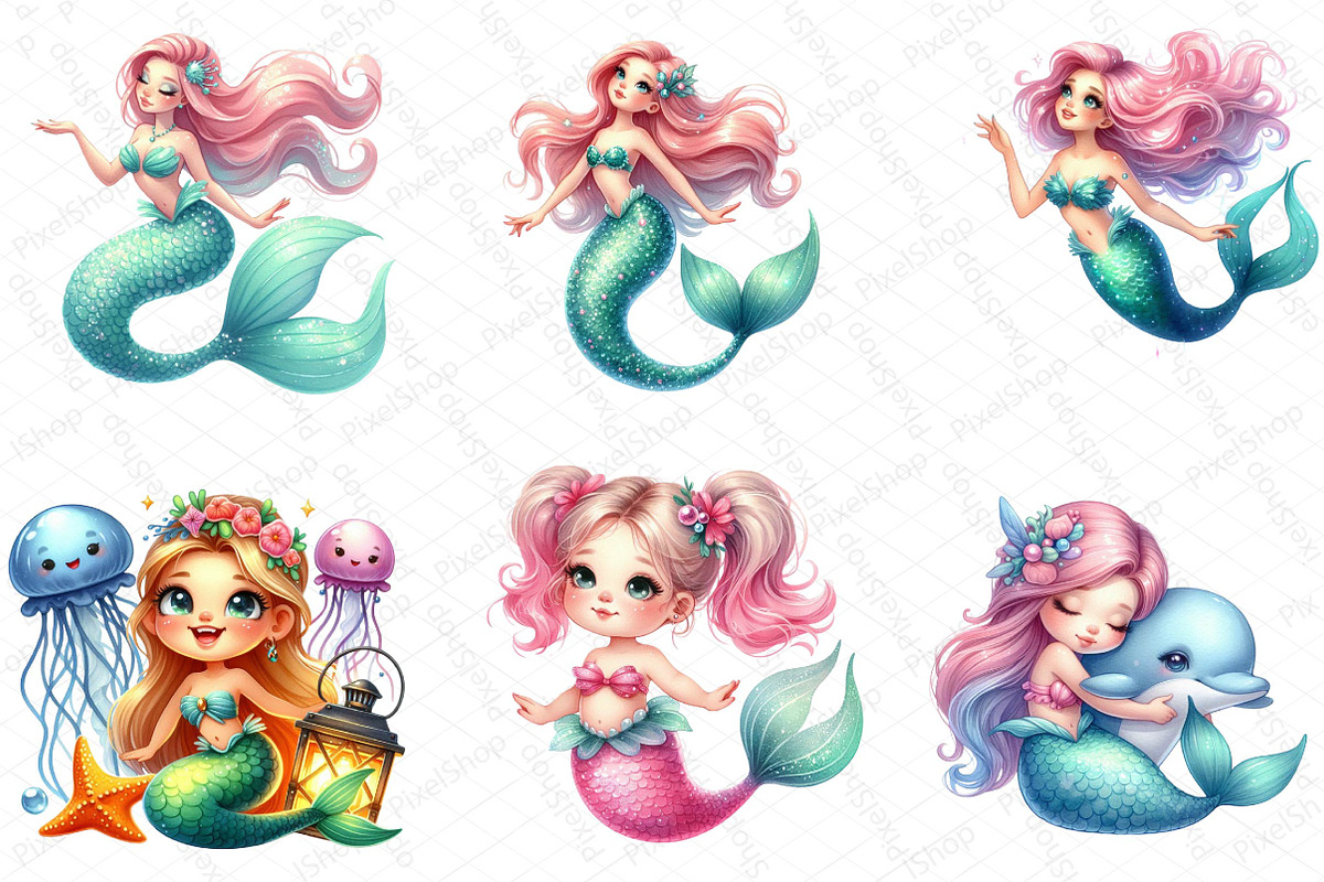 Cute Mermaid Watercolor Clipart, an Illustration by DreamPrint404 (Photo 4 of 6)