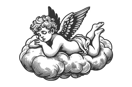 Sleeping Cherub on a Cloud vector, an Illustration by AlexArt