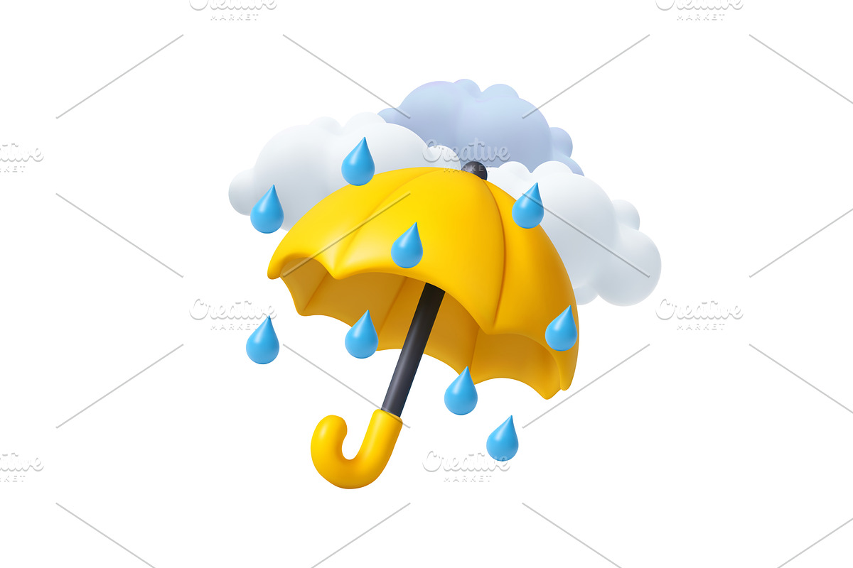 3D umbrella in rain with clouds, an Object Illustration by ModVector