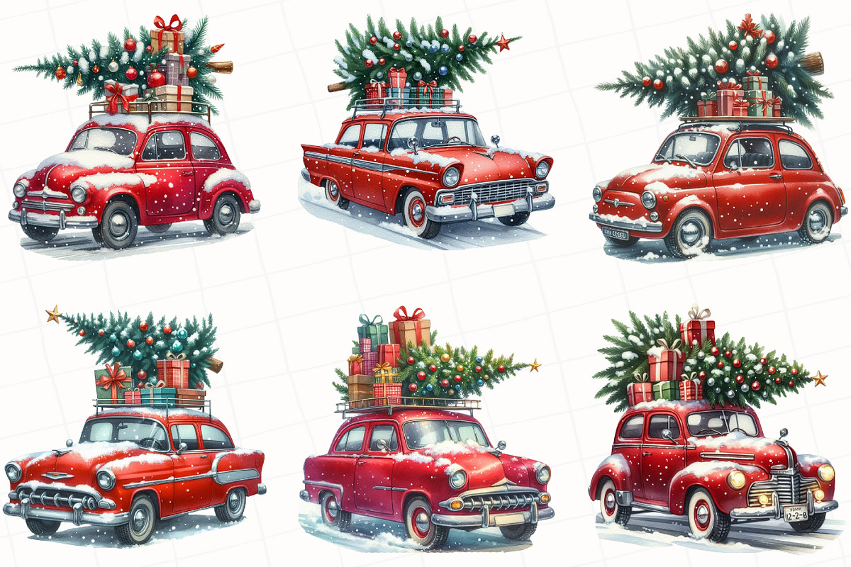 Christmas Car Watercolor Clipart, an Illustration by OK Design (Photo 2 of 5)