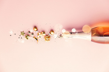 Flat lay of Celebration. Champagne bottle and golden decoration, a Holiday Photo by Natalia Klenova's Shop
