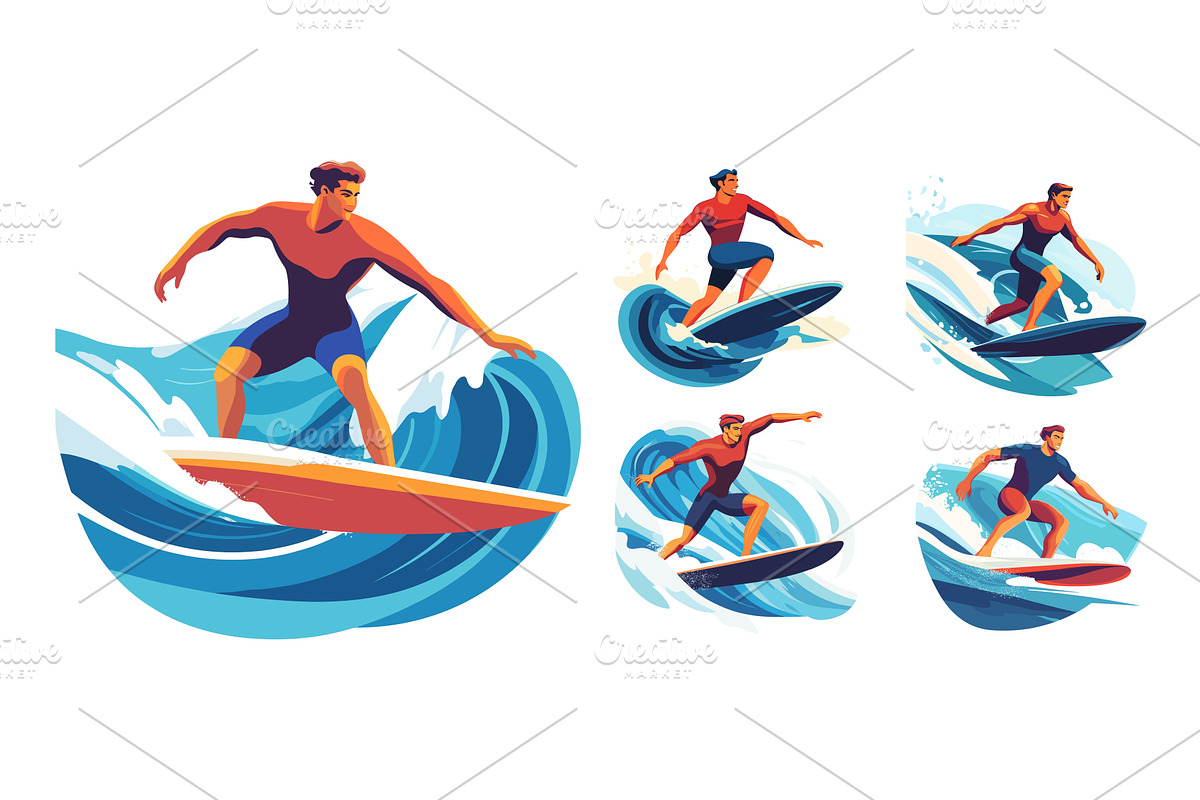 Wave surfers cartoon vector set, a Sport Illustration by Valerie Bodnar