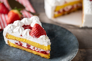 Slice of strawberry cake with fresh strawberries, a Food & Drink Photo by etorres69