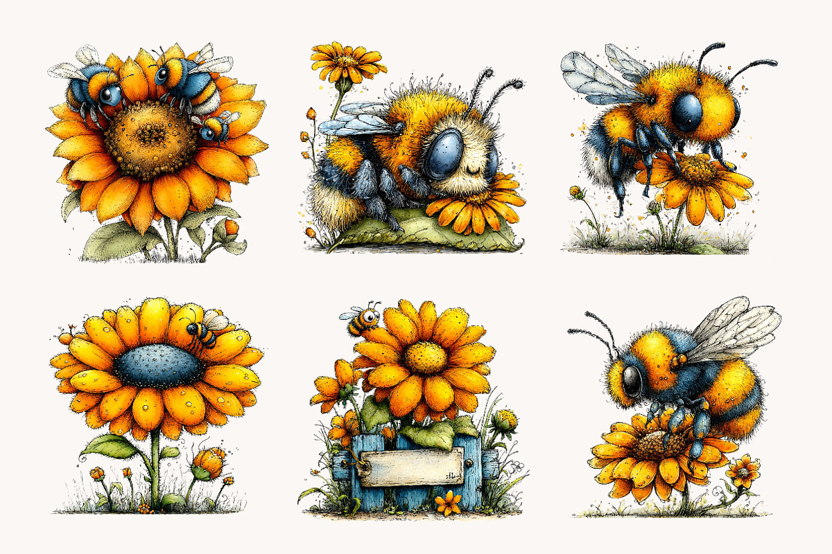 Whimsical Bee Sunflower Clipart, a Seasonal Illustration by Designworld (Photo 5 of 9)