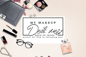 Luxury brand makeup desk post mockup stock photo containing chanel and stock
