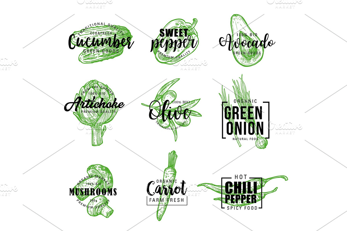 Organic vegetables green lettering, a Food Illustration by Vector Tradition