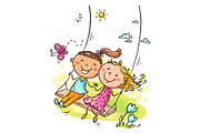 Girls on a swing. Cartoon kids, a Person Illustration by Bubert Art (Thumbnail 1 of 3)