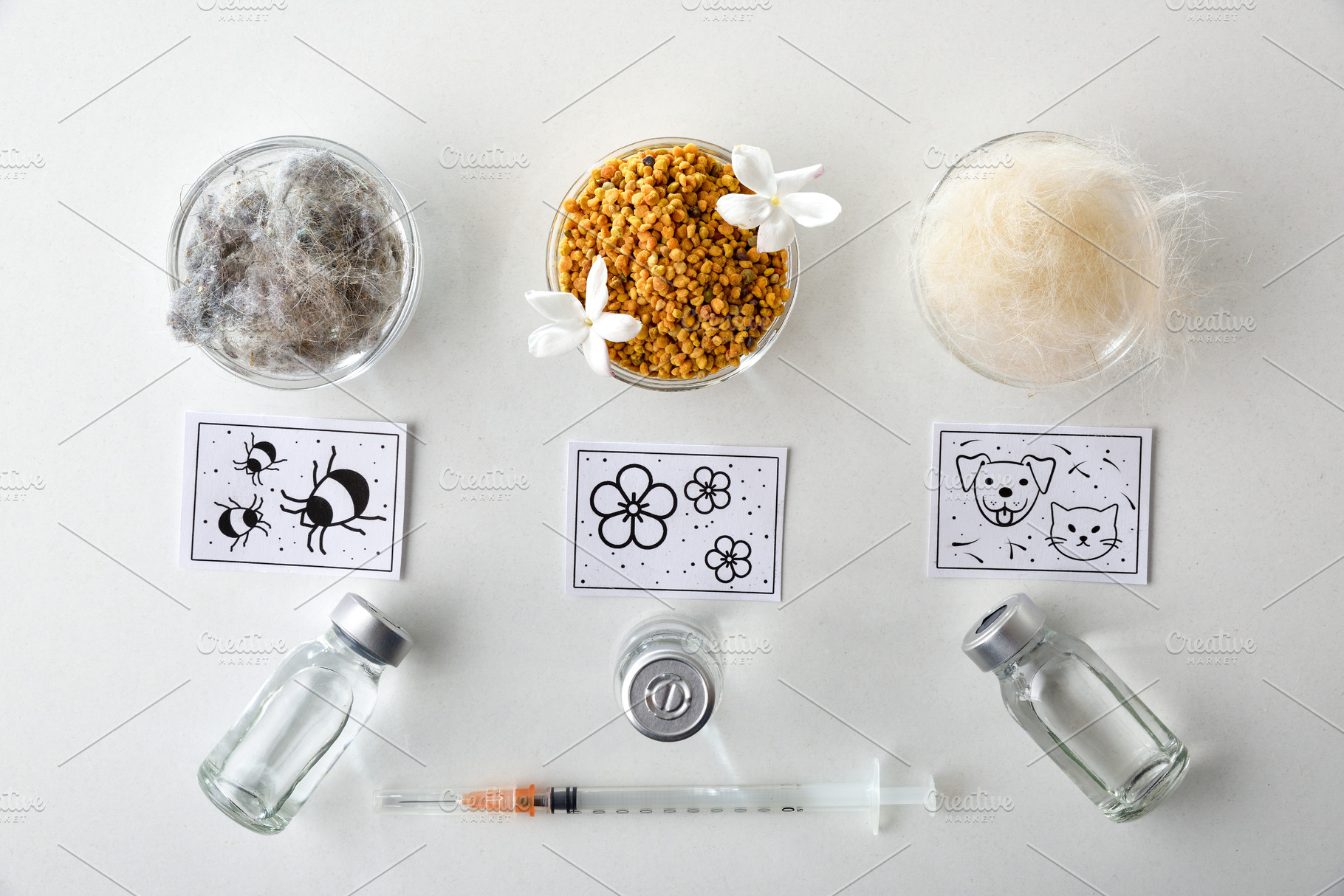 Background with various allergens with vaccines syringe and post, a Health & Medical Photo by Davizro's Market