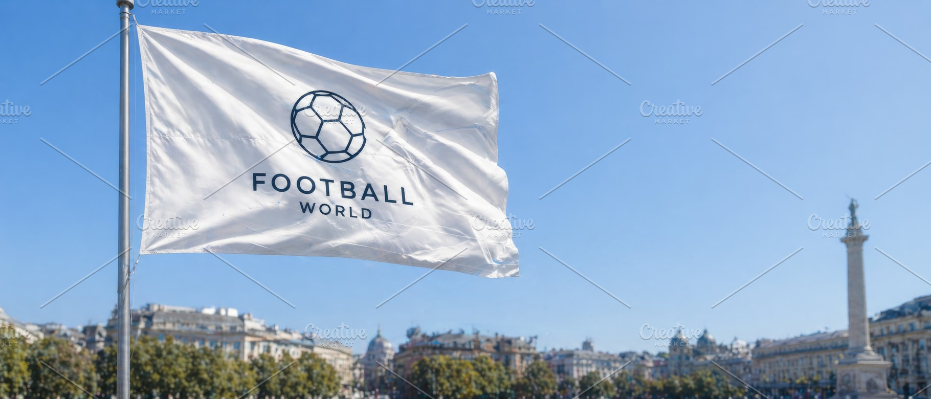 Football flag waving in city square,, a Photo by Dvoevnore photos