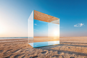 Glass cube reflecting sunset in a serene desert landscape near the ocean, a Photo by AlyaAnd